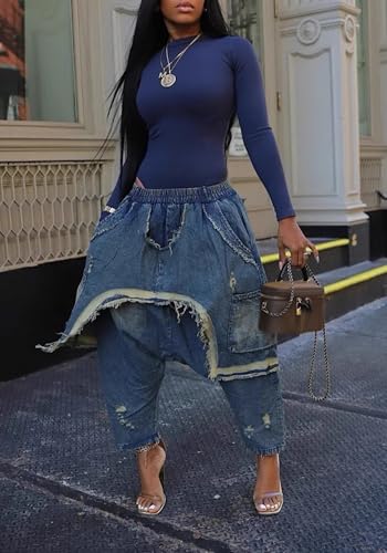 NRTHYE Womens Baggy Cargo Harem Jeans Patchwork Elastic Waist Wide Leg Hippie Denim Pants Casual Jogger Trousers2