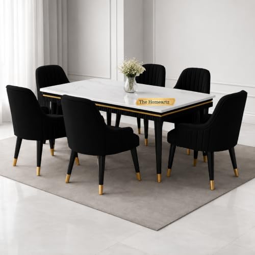 Image of Elara Modern Dining Table Set 6-Seater Wooden Dining Table Set | 1 Year Warranty | Nano Composite Marble Marble Top Table with 6 Chairs (Black)