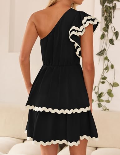 ZESICA Women's 2025 Summer One Shoulder Dresses Ruffle Short Sleeve Tiered Layered Swing A Line Mini Sundress4