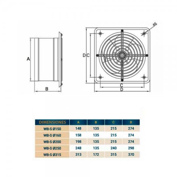 Bilake Ventilador Extractor Industrial 150 Ø Extractor aire y humo industrial | Extractor helicoidal axial | Extractor pared industrial