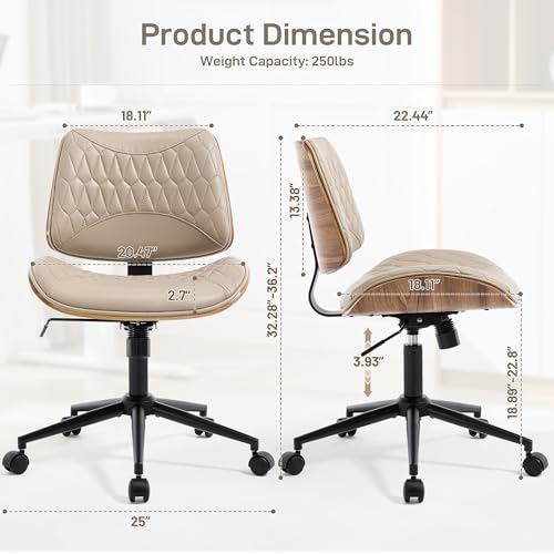 Image of Office Chair No Arms with Wheels, PU Leather Adjustable Height Small Desk Chair, Modern Mid Back Swivel Rolling Armless Computer Task Chair for Home Office, Meeting Room, Study, Khaki