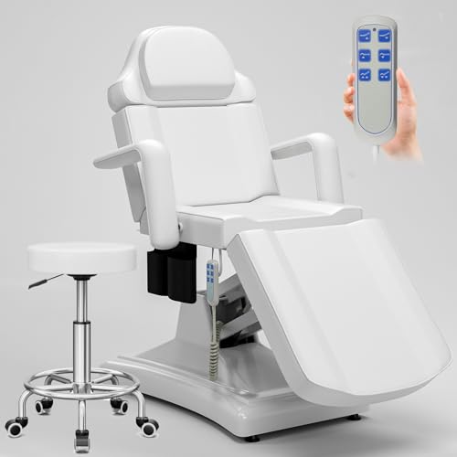 Icoget Fully Electric Tattoo Chair Esthetician Bed for Clients, 3-Motor Adjustable Spa Table Facial Bed for Lashing, Waxing, Professional Aesthetics Chair for Salon, White, Stool Included