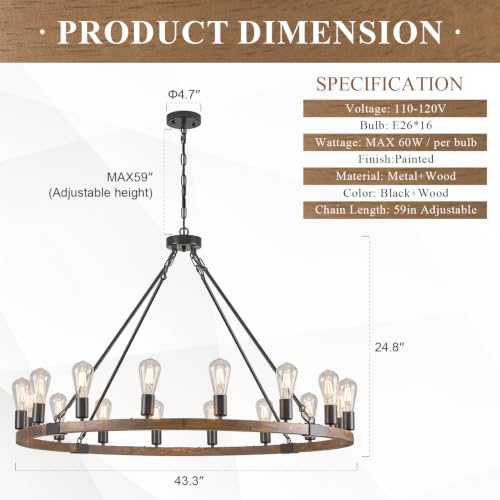 Image of Oak Wooden Wagon Wheel Chandelier 16-Light 43.3 inch Light Fixture