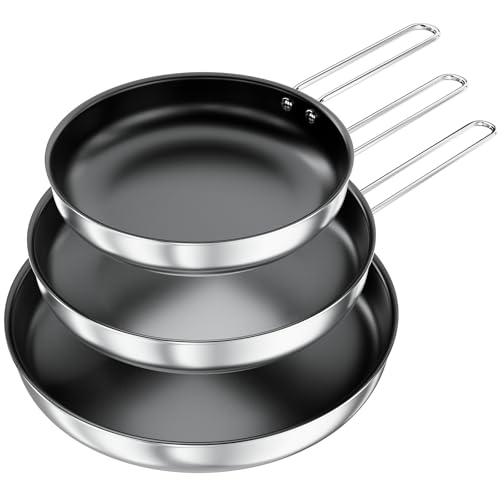 COOKNANO Frying Pans Set of 3 (20 cm + 24 cm + 28 cm), 4-Layer Stainless Steel Non-Stick Pan, Ergonomic Handle, Suitable for All Hobs Including Induction