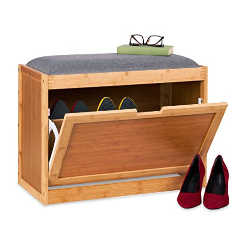 Relaxdays Banco Zapatero con Asiento Grande, Baúl Zapatos Recibidor, 2 Compartimientos Ajustables, Bambú, Natural/Gris