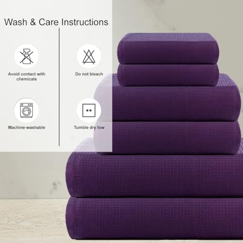 Image of Casa Copenhagen, Egyptian Cotton - Waffle Terry Towel 6 Piece Set, Includes 2 Bath Towels 2 Hand Towels 2 Washcloths - Dark Purple