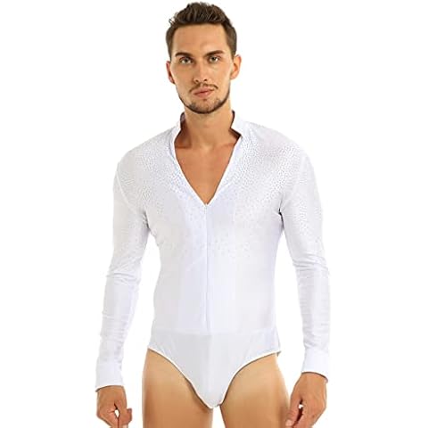 YiZYiF Herren Body Langarm V-Ausschnitt Tanzbody Latein Obeteile Leotard Overalls Männerbody Tango Rumba Tanzshirts Ballsaal Party Tanzkleidung Weiß Large Cover