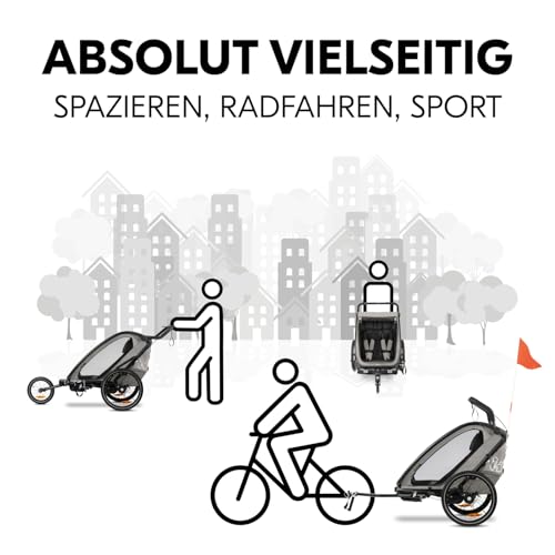 hauck Bike N Walk Duo, Light Grey - 3in1 Fahrradanhänger Komplett Set für 2 Kinder 6M+ bis 22 kg / 120 cm mit Federung, Handbremse, Verstellbare Rückenlehnen, Kofferraum, Inkl. Zubehör