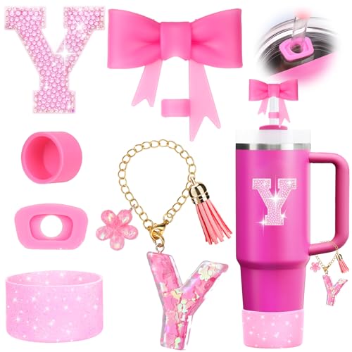 Image of Mity rain 6PCS Pink Cup Accessories for Stanley Cup 30oz 40oz - Tumbler Initials Decoration for Stanley, Including Silicone Straw Cover Cap and Boot, Spill Proof Stopper,Handle Charm, Sticker,Letter Y