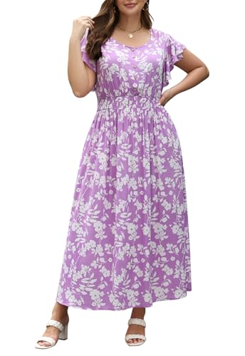Image of Nemidor Womens Plus Size Boho Ditsy Floral Print Casual Smocked Flared Maxi Long Dress with Pocket