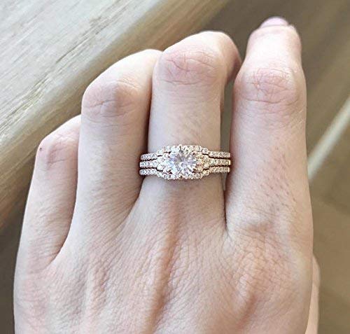 Rose Gold Engagement Ring- White Sapphire Ring Set- Unique Bridal Set Ring- Deco Bridal Set-1 Carat Wedding Ring Set-Three Piece Ring Set
