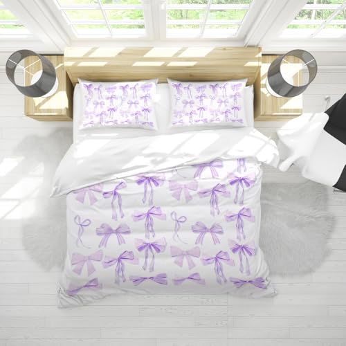 Reateforin Trendy Purple Bow Duvet Cover Full Queen Size Coquette Bedding Set Graceful Style Light Purple Bowknot Bed Cover,Kids Girls Super Soft Bedding Set Funky Preppy Girly Room Decor 88