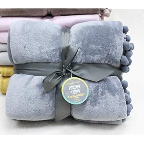 LAURA SECRET HOME Pom Pom Throw Blanket Super Soft Warm Sofa Couch Bed Snuggling Travel Blankets Pom Pom Sofa Bed Throw Gift Size Double 150x200cm (Charcoal) Cover