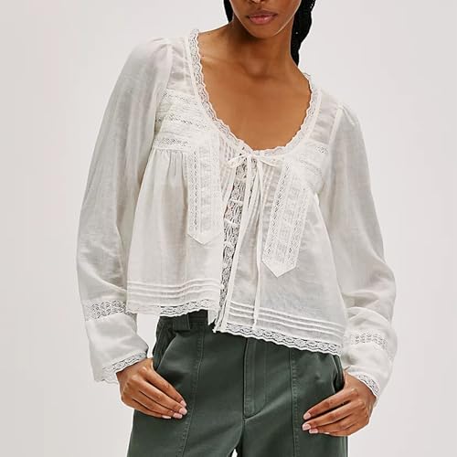 Women Y2k Long Sleeve Shirts Ruffles Lace Trim Sheer Mesh See Through Round Neck Going Out Tank Tops Blouses4