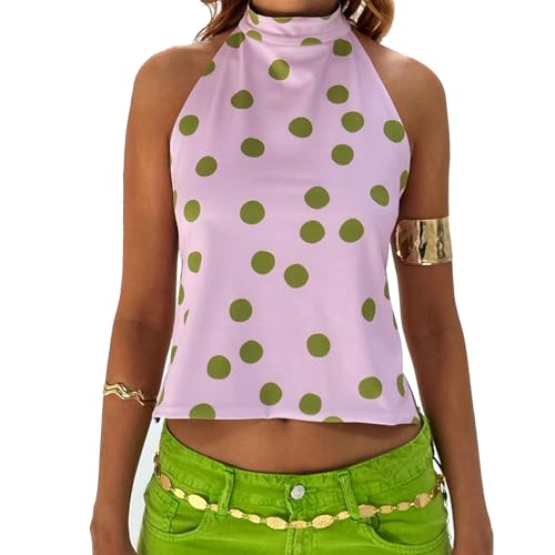 Image of Edhomenn Women Polka Dot Halter Tops Backless Sleeveless High Neck Tank Vest Summer Party Beach Floral Print Crop Top (Pink, S)