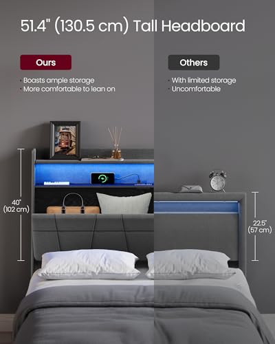 Image of VASAGLE Queen Bed Frame with 51.4 Inch Tall Storage Headboard, Bed Frame Queen Size with 4 Storage Drawers on Wheels, LED Lights, Charging Station, No Box Spring Needed, Modern, Dark Gray URMB891G02