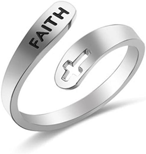 Caiyao Stainless Steel Christian Cross Engraved Love Faith Hope Blessed Ring Polished Opening Adjustable Letter Religious Ring for Women Men Birthday Jewelry Gift