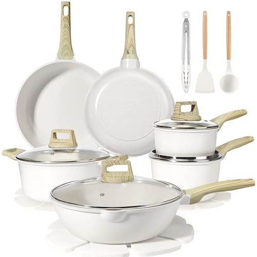 GiPP Ceramic Pots and Pans Set Non Stick - 18 Pcs Nonstick Cookware Set, Non-toxic Healthy Kitchen Cooking Set w/Frying Pans Set, Dishwasher Safe, PFAS PTFE PFOA PFOS Free, Cream White
