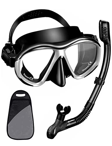 Snorkel Set, Dry Snorkeling Gear Panoramic Wide View Mask with Anti Fog Tempered Glass, Anti Leak Snorkel Gear with Adjustable Strap and Easy Breathing for Scuba Diving