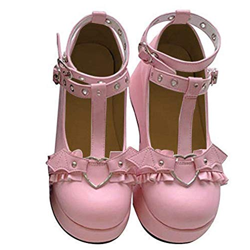 Image of CELNEPHO Womens Mary Jane Shoes for Women, Sweet Bow Round Toe Ankle T-Strap Lolita Goth Platform Dress Pumps Shoes Oxfords B-Pink