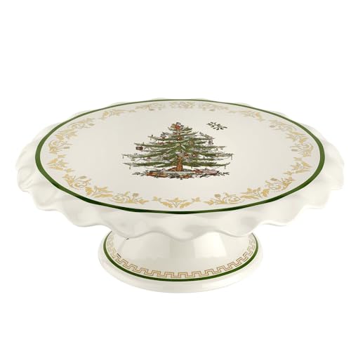 Spode Christmas Tree Gold Cake Stand| Measures 11-inches| Cake Plate| Holiday Cake Tray| Cupcakes, Cookies, and Desserts Serving Dish| Made of Porcelain| Dishwasher Safe