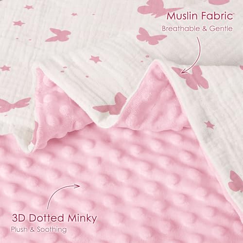 Image of Butterfly Baby Blankets for Girls, Soft Nursery Minky Blankets with Muslin and Dotted Fleece Back 30x40 inches, Receiving Bed Quilt for Newborn, Infants, Toddlers