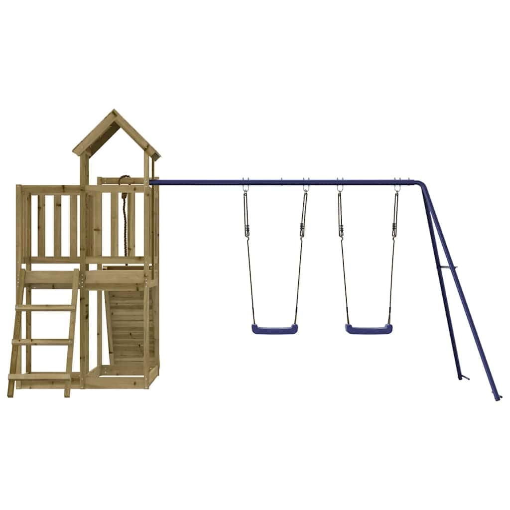 Torre da gioco in legno di pino impregnato con parete da arrampicata, doppia altalena, sabbiera e scala a maglia per giardino, parco giochi all'aperto, movimento e promozione delle capacità