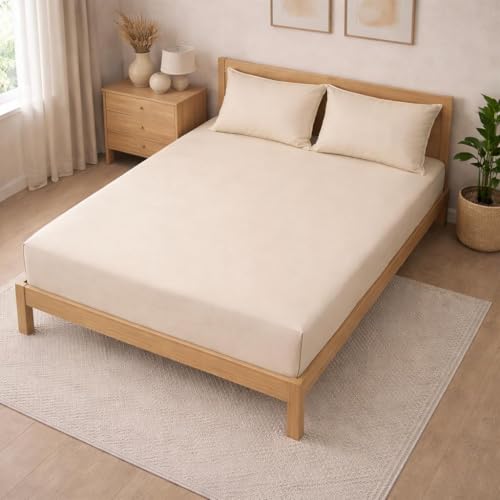 Image of THE HOME STYLE Solid Plain Cotton Feel Fitted Bedsheet King Size (72x78 inches) | 2 Pillow Covers | 300 TC | Elastic Fit | Fits Upto 8 Inch Mattress (Vanilla)