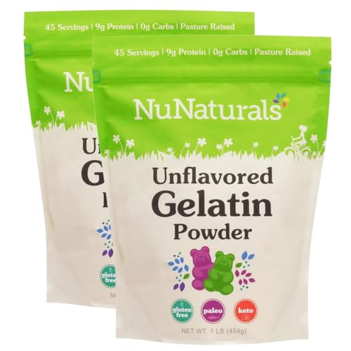 NuNaturals Unflavored Beef Gelatin Powder, Instantly Thickens, Stabilizes, and Texturizes, 1lb (2-Pack)