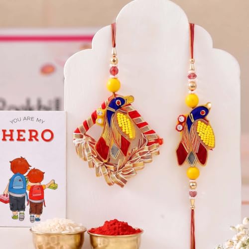 Image of ascension Premium Designer Bhaiya Bhabhi Couple Lumba Rakhi Set Traditional Rakhi Bracelet with Roli Tilak & You are My Hero Fridge Magnet
