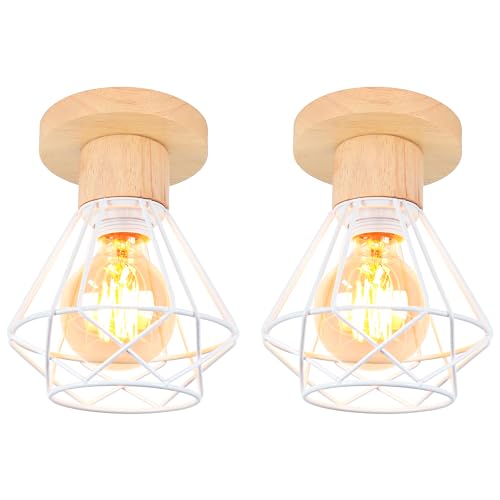 Plafonniers Industriels iDEGU en fer et bois blanc rétro cage E27 lot de 2