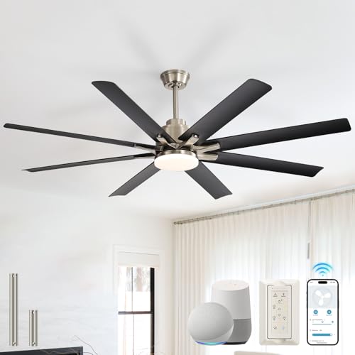 Image of Sofucor Smart Ceiling Fans with Lights, 52'' Ceiling Fan with Light and Remote, Work with Alexa /Google, Black Indoor /Outdoor Ceiling Fan, Quiet DC Motor, 3CCT, 8 Blades Ceiling Fans for Bedroom Patio