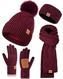 Womens Winter Hat Gloves Scarf Headband Set, Pom Pom Beanie with Fleece Lined Long Knit Neck Scarf Touchscreen Gloves Ear Warmer Headwear, 4 in 1 Fashionable Warm Gift Set for Cold Weather(Burgundy)