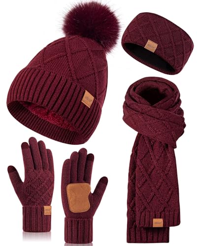 Womens Winter Hat Gloves Scarf Headband Set, Pom Pom Beanie with Fleece Lined Long Knit Neck Scarf Touchscreen Gloves Ear Warmer Headwear, 4 in 1 Fashionable Warm Gift Set for Cold Weather(Burgundy)
