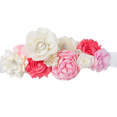 KIM S Maternity Sash Belt with Flowers Pearls Satin Ribbon for Baby Shower Dress Wedding Bride Photoshoot Pregnant Women