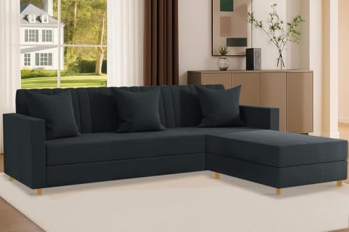 Image of Rosebell 3 + One Wooden L Shape Four Seater Sofa Set for Living Room Furniture Set| Sectional Couch & Compact Living Spaces & Office-Black-Color