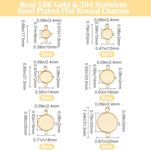 Beebeecraft 1 Box 48Pcs Cabochon Connector 18K Gold Plated Brass 6 Size Flat Round Blank Bezel Pendant Trays Connector Cabochon Settings with 2 Loop for DIY Jewelry Making - Image 2