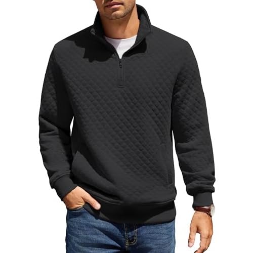 COOFANDY Mens Quarter Zip Pullover Quilted Sweatshirt Knit Long Sleeve Mock Neck Sweater Polo with Pocket Black Small