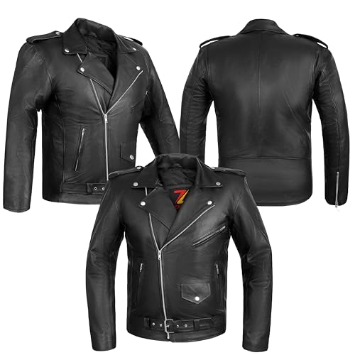 Image of Motorcycle Leather Jacket With Belt Motorbike Biker Classic Rider Rocker Made of Black Genuine Cowhide Leather