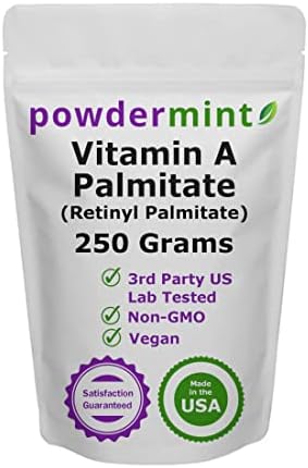 powdermint Vitamin A Powder (Palmitate Powder, Retinyl Palmitate Powder, Retinol Powder) 15000 IU (Multiple Sizes) Non-GMO, Vegan, Wrinkle Reduction, Skin Health - Scoop Included (250 Grams)