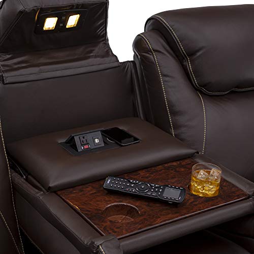 Seatcraft Vienna Home Theater Seating - Top Grain Leather - Power Recline - Power Headrest - Powered Lumbar - Ac Usb Charging - Cup Holders - (Sofa With Fold Down Table, Brown) #TOP3