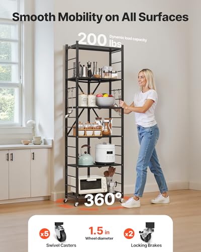 Image of VEVOR 6-Tier Foldable Storage Shelf, 24W x 12D x 72H Inch Folding Metal Rack Shelving Unit, No Assembly Organizer Shelf with 5 Wheels & 4 Hooks for Pantry, Kitchen, Garage, Basement, Black