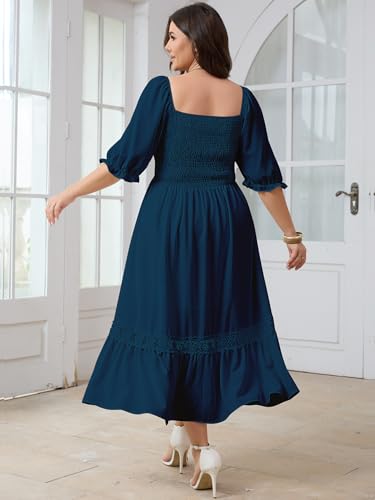 Image of SCOMCHIC Women's Plus Size Boho Maxi Dress Short Sleeve Square Neck Smocked Flowy A-Line Lace Trim Wedding Guest Dresses