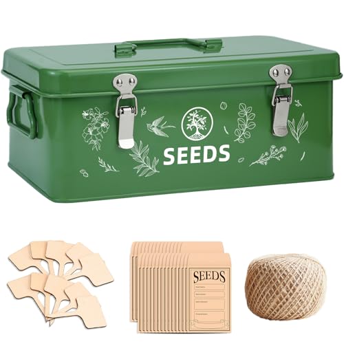 Metall Saatgut-Aufbewahrungsboxen,Saatgut-Aufbewahrungsbox mit Gartenschnur, 30 Saatgut-Taschen und Bambus-Pflanzenetiketten, 4 Garten-Saatgut-Aufbewahrungsboxen mit Sicherheitsverschluss (Dunkelgrün)