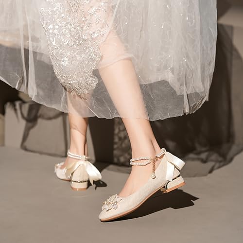 Women's Rhinestones Pearl Ankle Strap Chunky Heel Satin Pumps,Comfort Round Head Closed Toe Wedding Heels Sparkly Prom Evening Party Shoes3