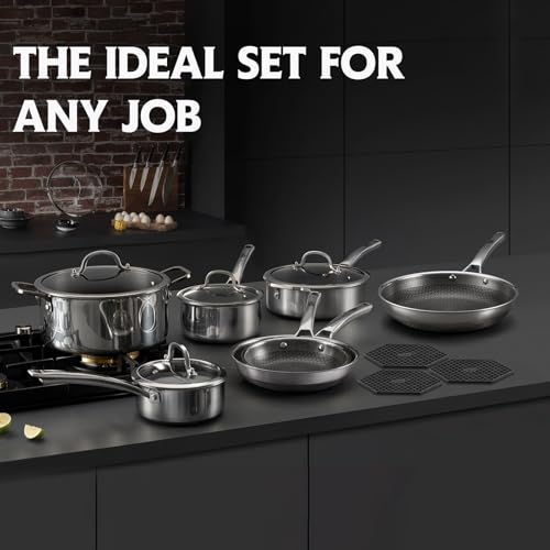 Image of SNOWCLAD Pots and Pans Set Non Stick, 14 Pcs Hybrid Stainless Steel Cookware Sets, Non Stick Frying Pans, Saucepans, Saute Pan & Stock Pot, PFOA Free Kitchen Skillet,Induction Compatible