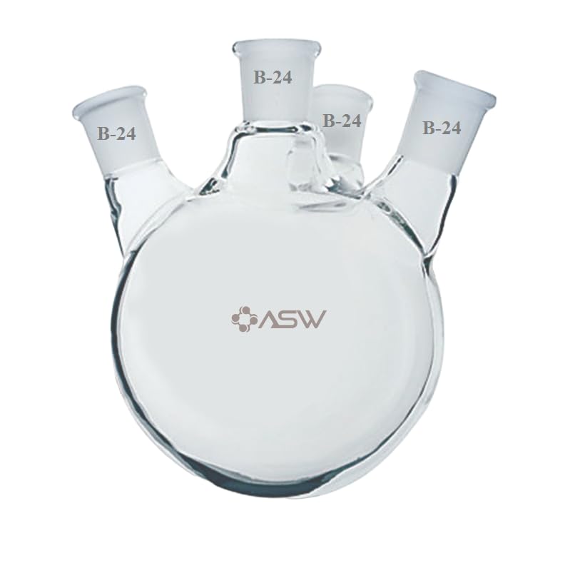ASW Borosilicate Glass 3.3 4 Necked Round Bottom Boiling Flask, 500ml Pack of (1), with Centre and Side Joints Size (B-24/24/24/24) (B0CQ2MZNGM) Amazon Price History, Amazon Price Tracker