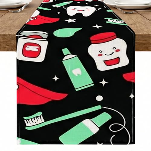 Fun Dental Care Table Runner, Playful Toothbrush and Paste Pattern Black Table Runner for Home Family Gatherings and Holiday Celebrations 13x72 Inch