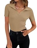 ZESICA Women's Short Sleeve V Neck T Shirts 2025 Summer Ribbed Knit Slim Fitted Basic Solid Color Tee Tops,Toffee,Medium
