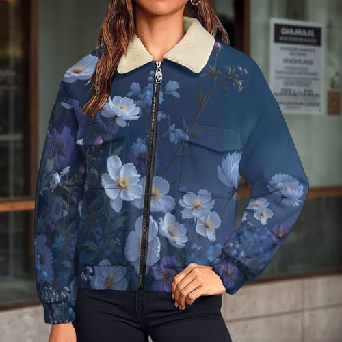 Veste polaire femme avec poche blouson chaud hiver sweatshirt zippé à fleurs